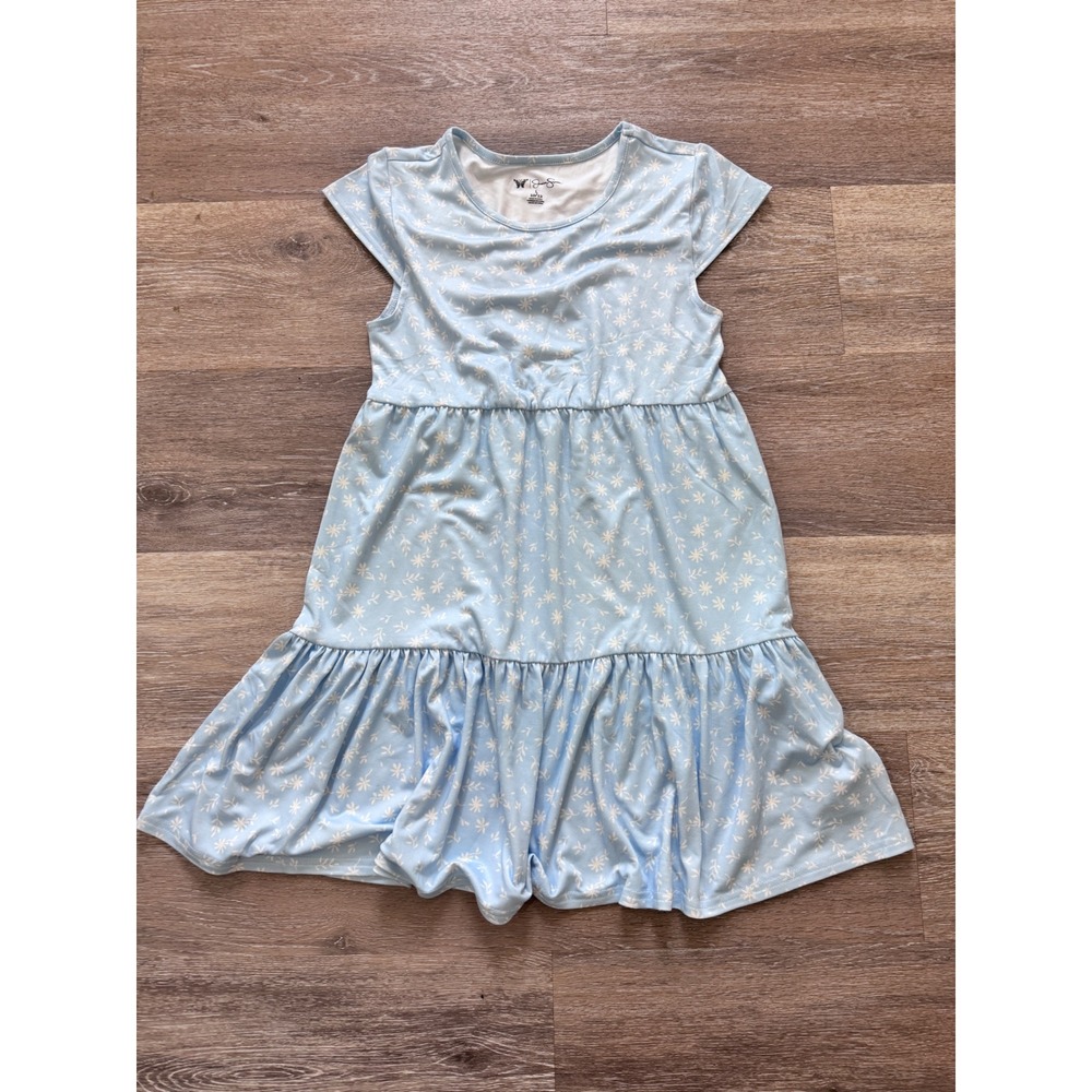 Jessica‎ Simpson Girls Blue Floral Tiered Dress Short Sleeve Sz L 10/12 A-E292JS